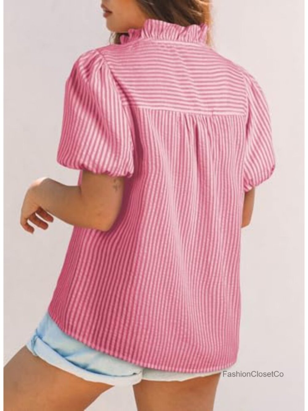 Puff Sleeve Ruffle Collar Striped Button Down Blouse - Picture 4 of 6